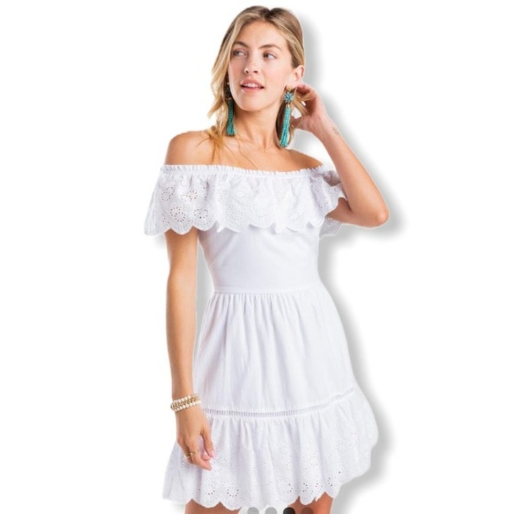 White Cotton Off-Shoulder Eyelet Dress